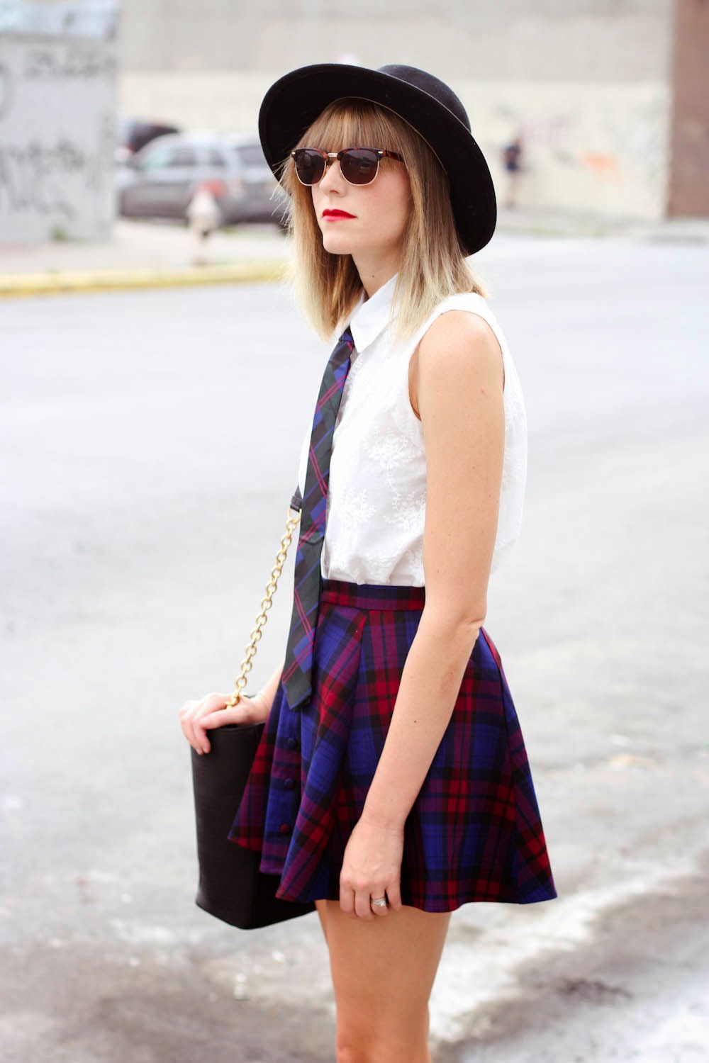 forever 21 plaid skirt, skinny tie, nyc vintage blogger, morgan avenue, dagne dover