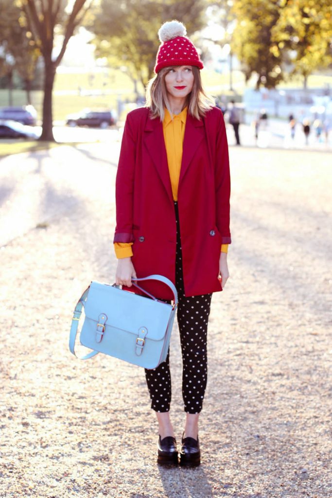 nyc fashion blogger, red beanie pepa loves, chicwish red blazer, polka dot pants, forever21 shoes, vintage fashion blogger