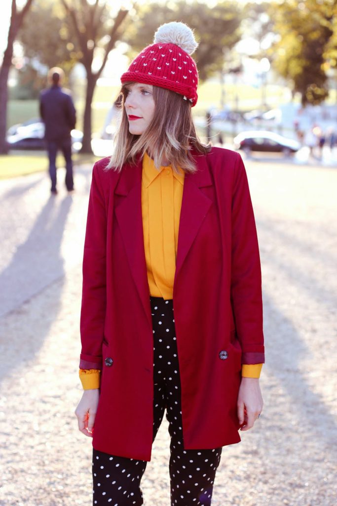 nyc fashion blogger, red beanie pepa loves, chicwish red blazer, polka dot pants, forever21 shoes, vintage fashion blogger