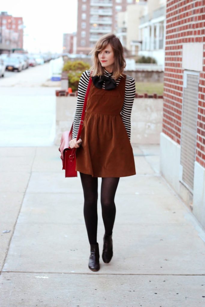 asos bow, lulu's corduroy ladakh dress, striped forever21 turtleneck, nyc vintage blogger, vintage blogger, nyc fashion blog