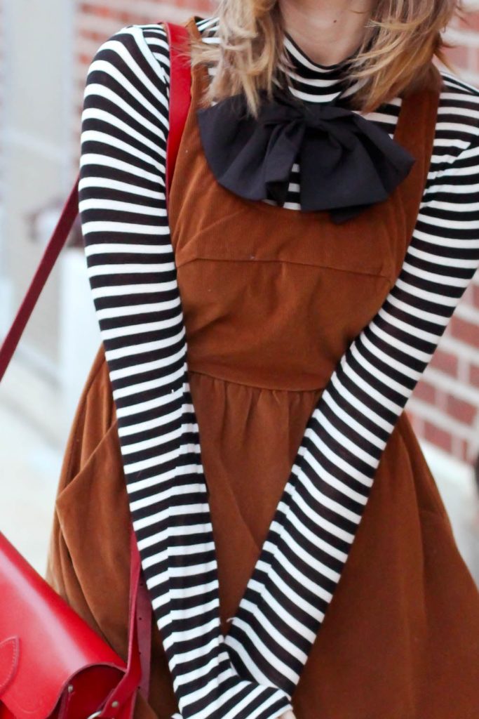 asos bow, lulu's corduroy ladakh dress, striped forever21 turtleneck, nyc vintage blogger, vintage blogger, nyc fashion blog