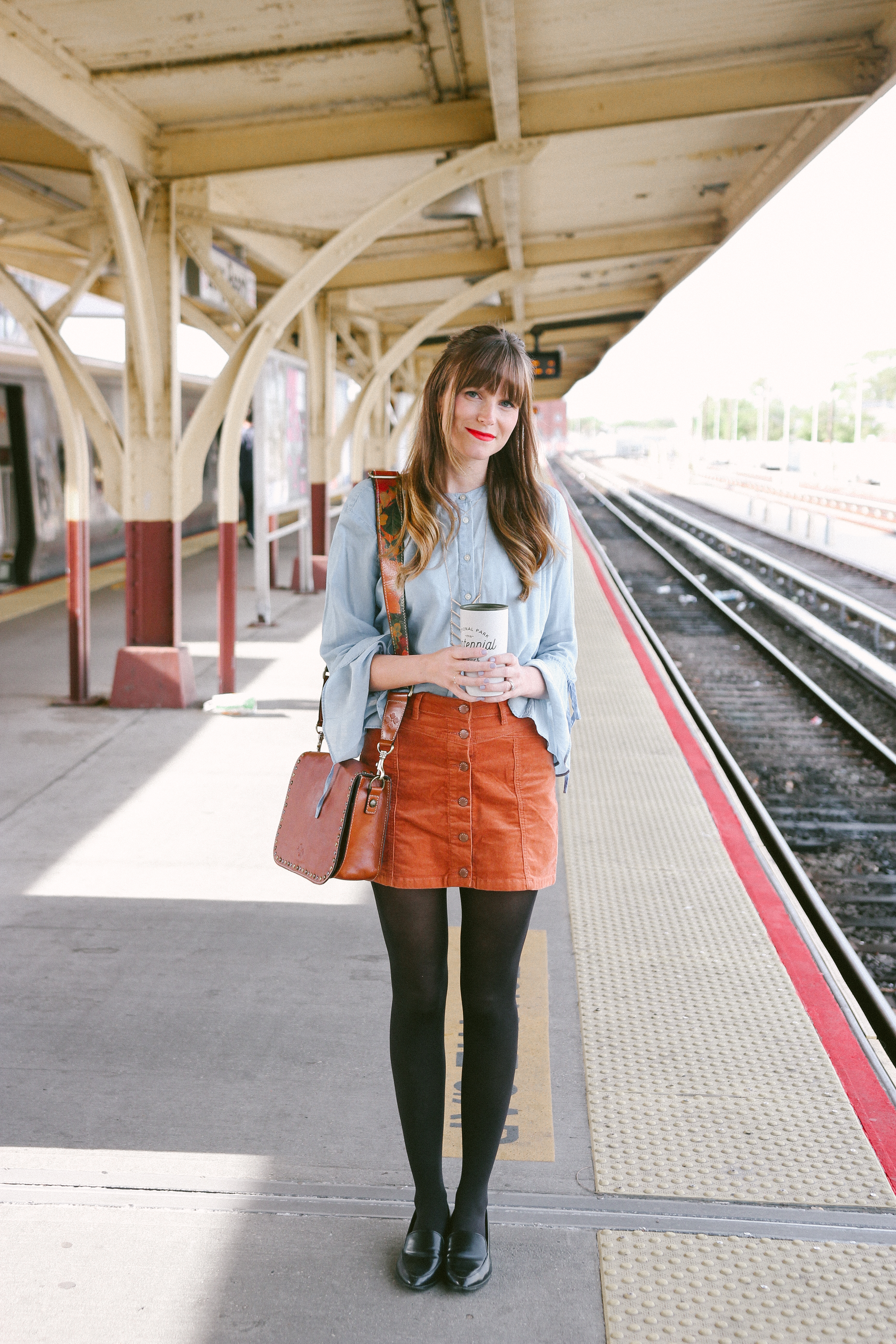 forever 21 corduroy skirt, loft bell sleeve top, lirr, morning commute with uber, train station fashion