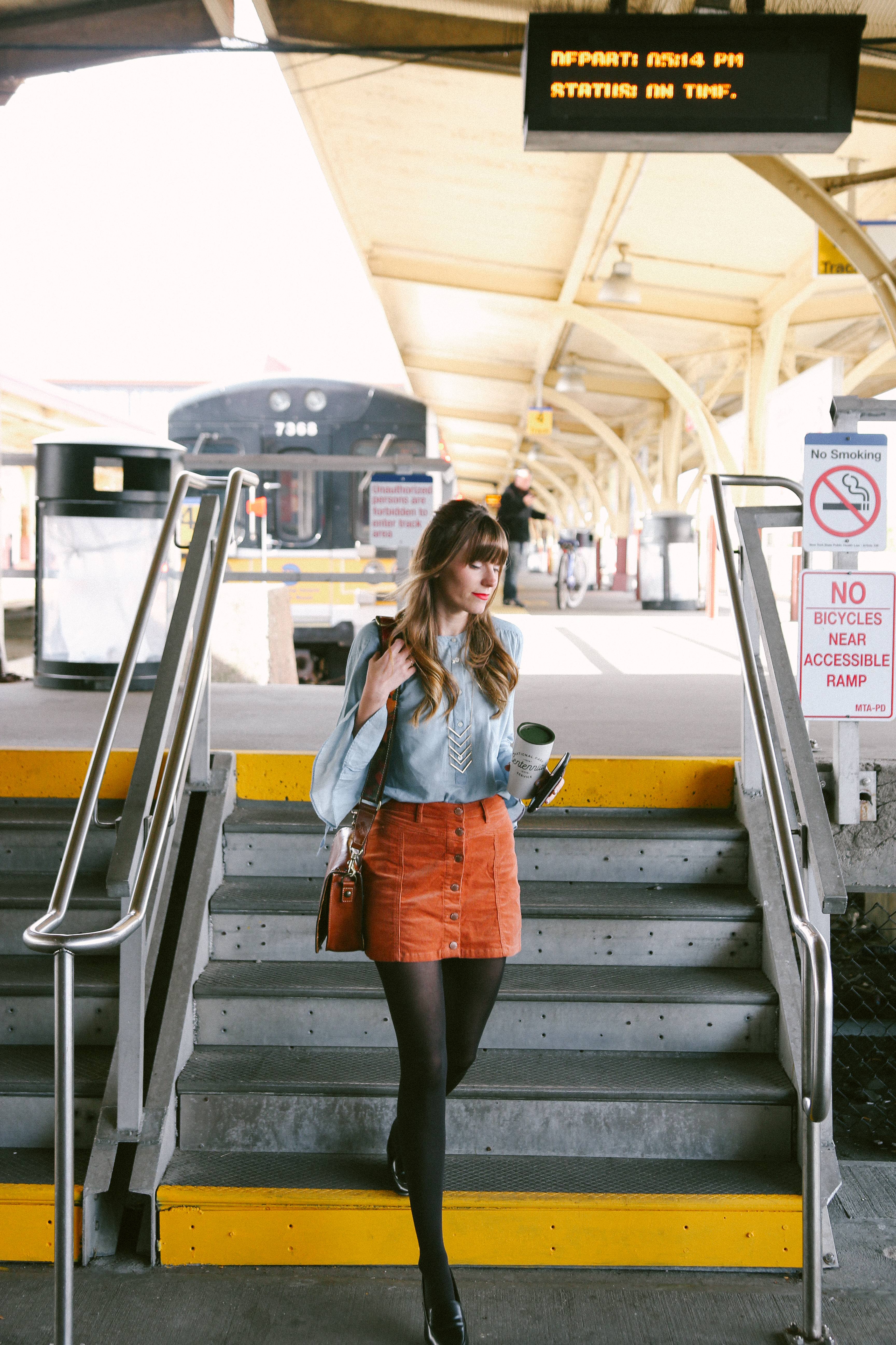 forever 21 corduroy skirt, loft bell sleeve top, lirr, morning commute with uber, train station fashion