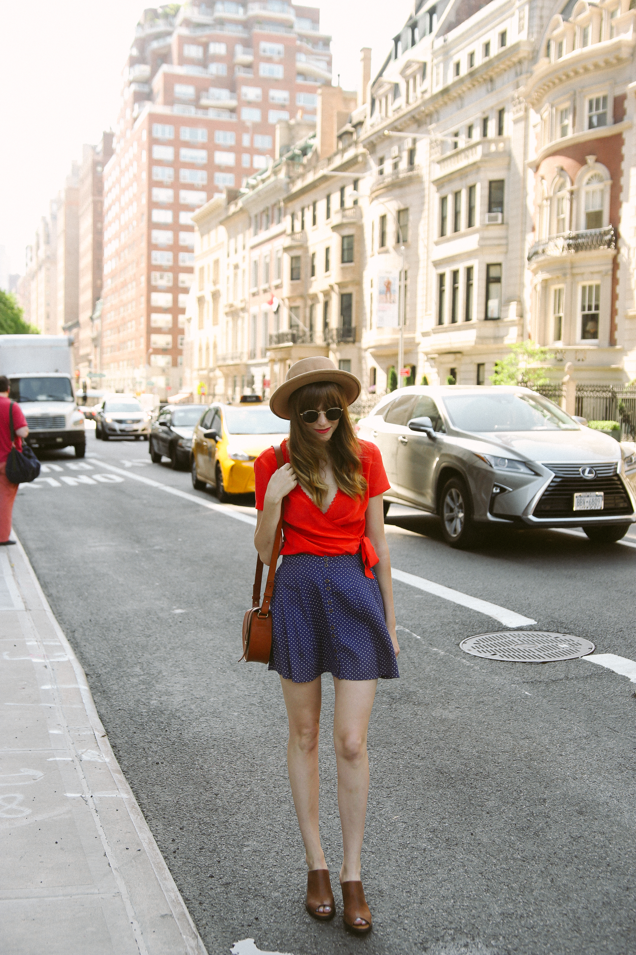 urban outfitters polka dot skirt, sezane olympia blouse, peter nappi mules, nyc polka dots styled