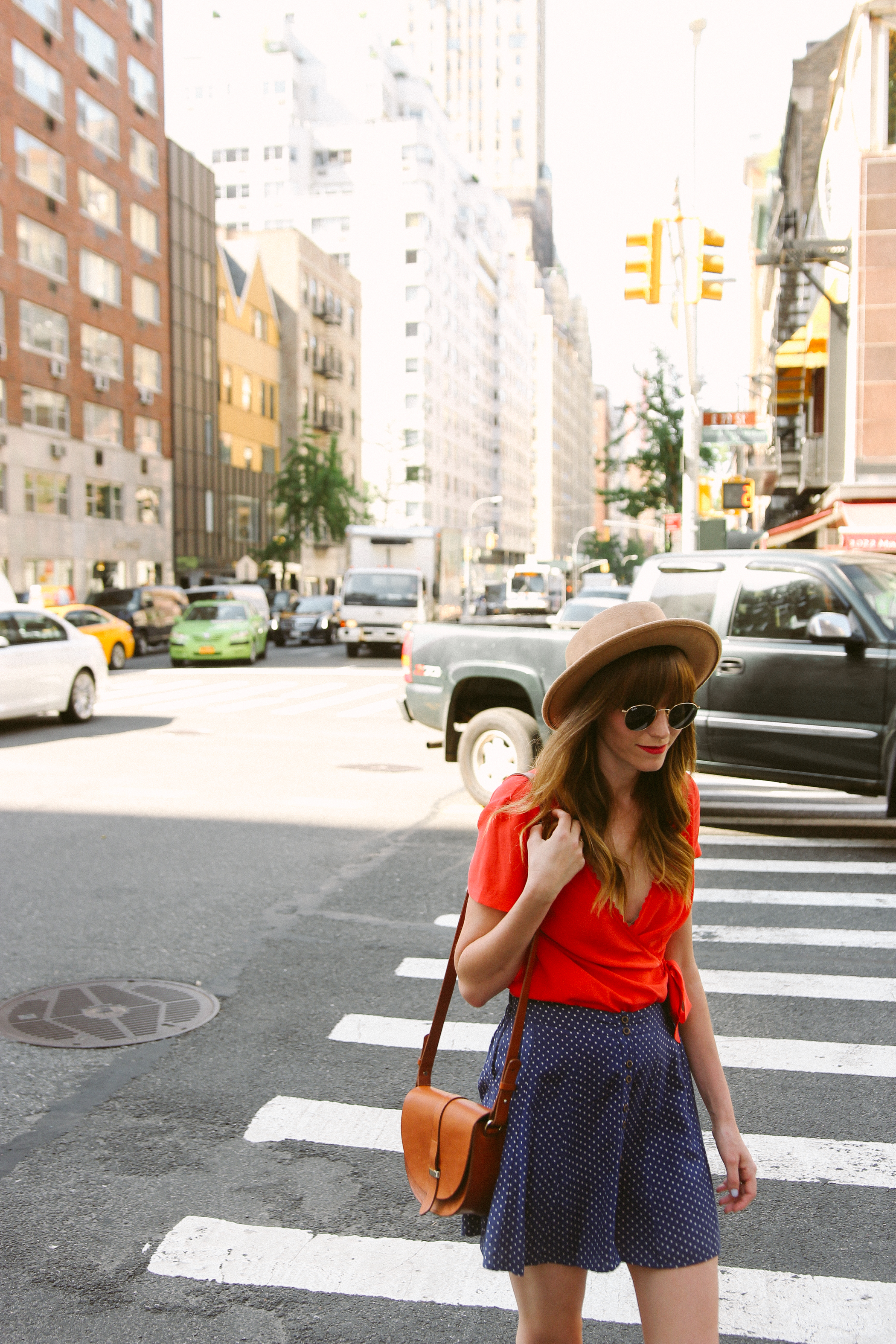 urban outfitters polka dot skirt, sezane olympia blouse, peter nappi mules, nyc polka dots styled